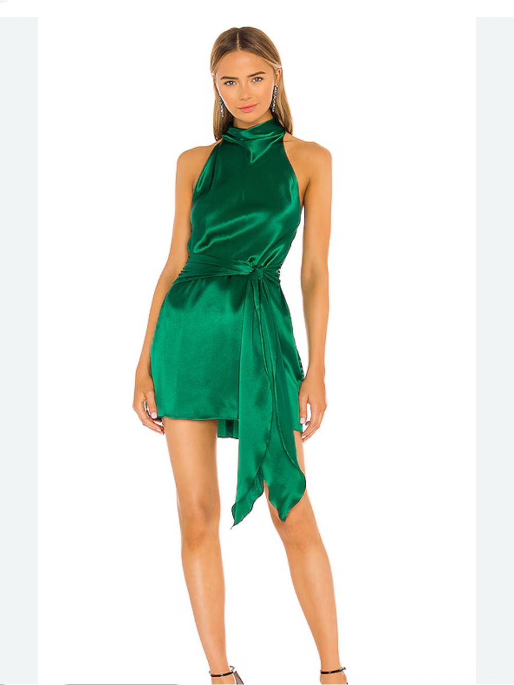 Amanda Uprichard Emerald Green Satin Halter Tie-Waist Mini Dress